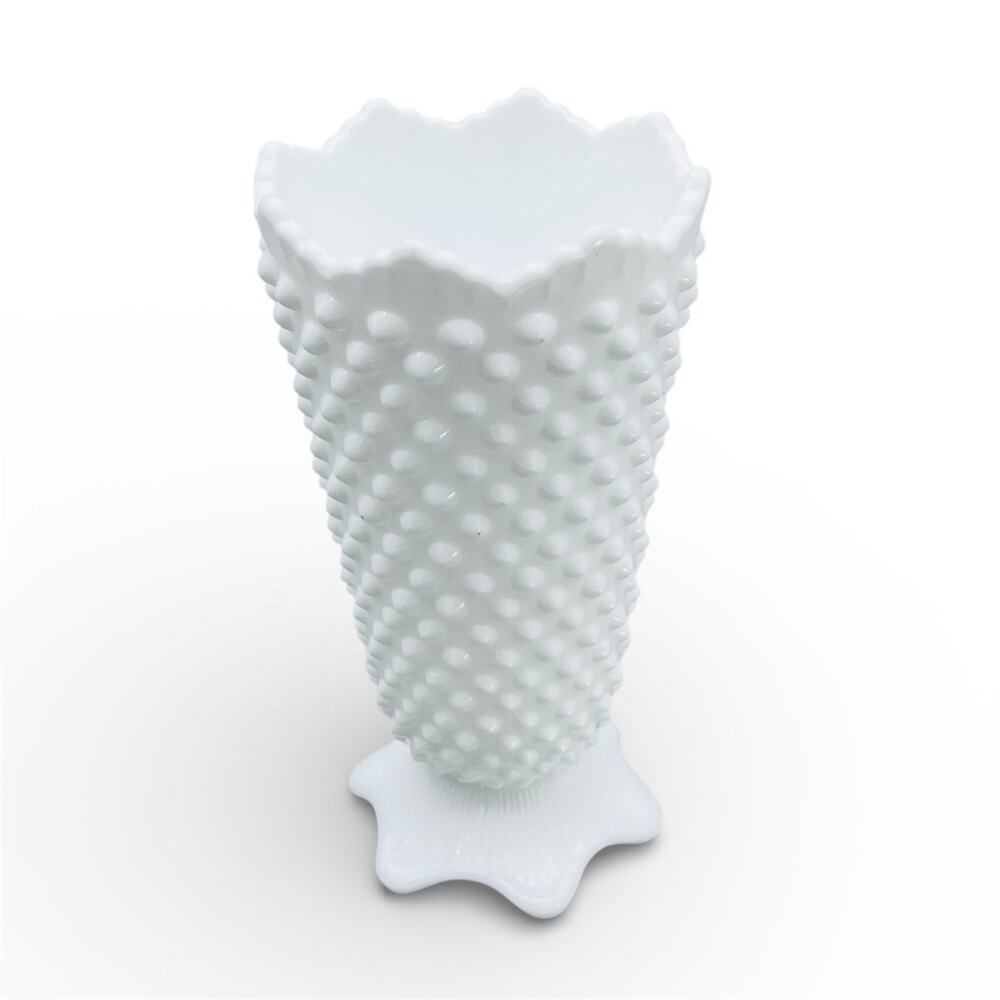 MCM White Fenton Crown Top Hobnail Milk Glass Vase Petal Foot 6-3/4" Classic 50s